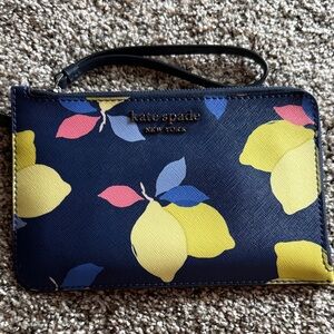 Kate Spade Blue Wristlet with Lemon and Leaf Design